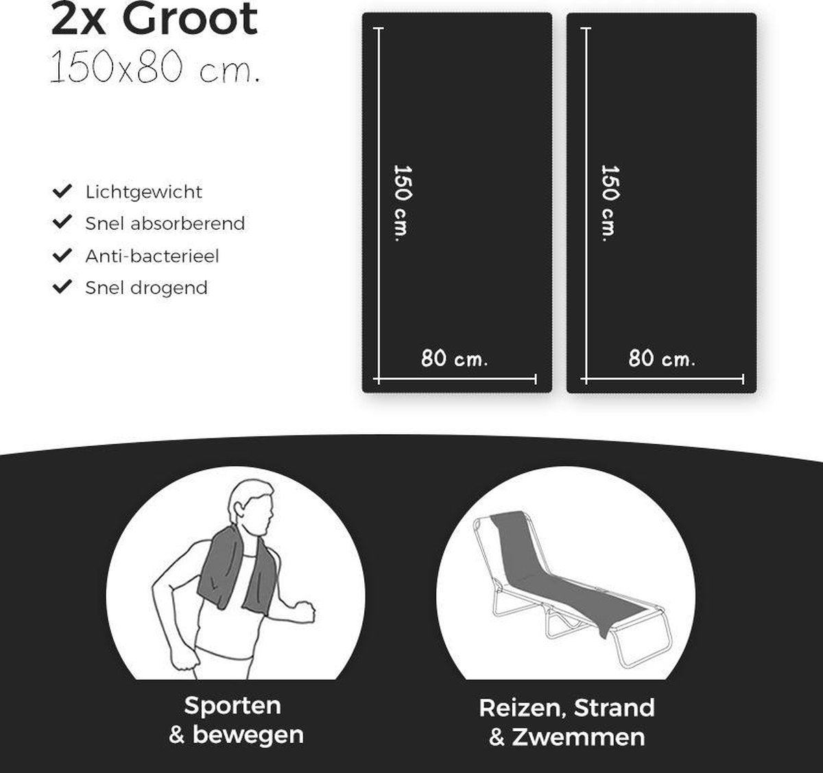 Explorey Microvezel Reishanddoek Set van 2x Large (85 * 150cm) - Sneldrogende, lichtgewicht handdoek ideaal voor sporten, reizen, outdoor & strand - Microfiber Travel Towel - Zwart