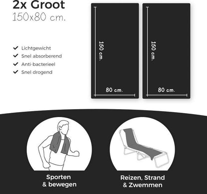 Explorey Microvezel Reishanddoek Set van 2x Large (85 * 150cm) - Sneldrogende, lichtgewicht handdoek ideaal voor sporten, reizen, outdoor & strand - Microfiber Travel Towel - Zwart